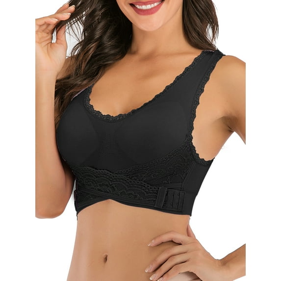 FUTATA Sports Bras For Women Padded Lace Front Buckle Lace Post Op Bras Seamless Yoga Bras Activewear Tops For Running Workout Gym,1/3 Pack