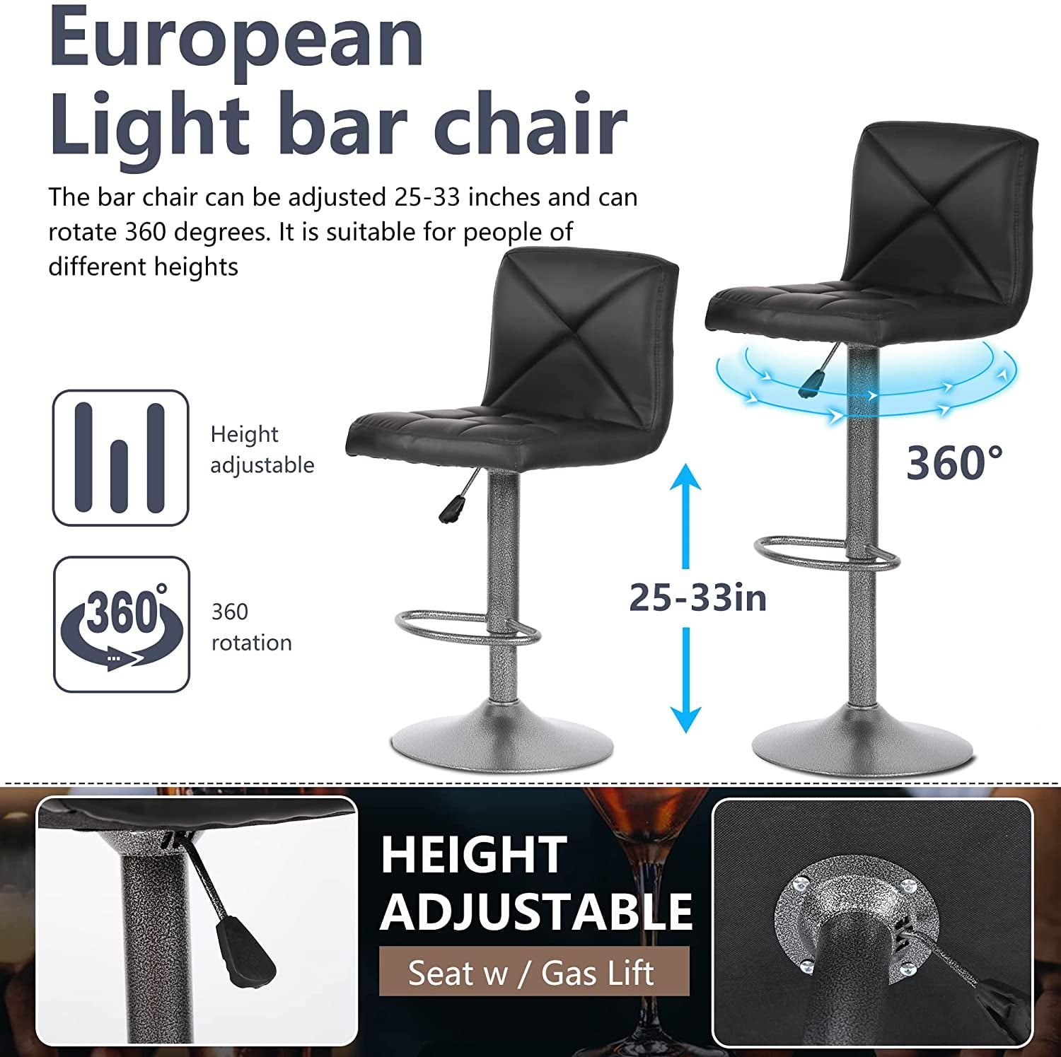 FDW Bar Stools Set of 2 Counter Height Swivel Stool PU Leather Modern Height Adjustable Swivel Barstools Hydraulic Chair Bar Stools,Black