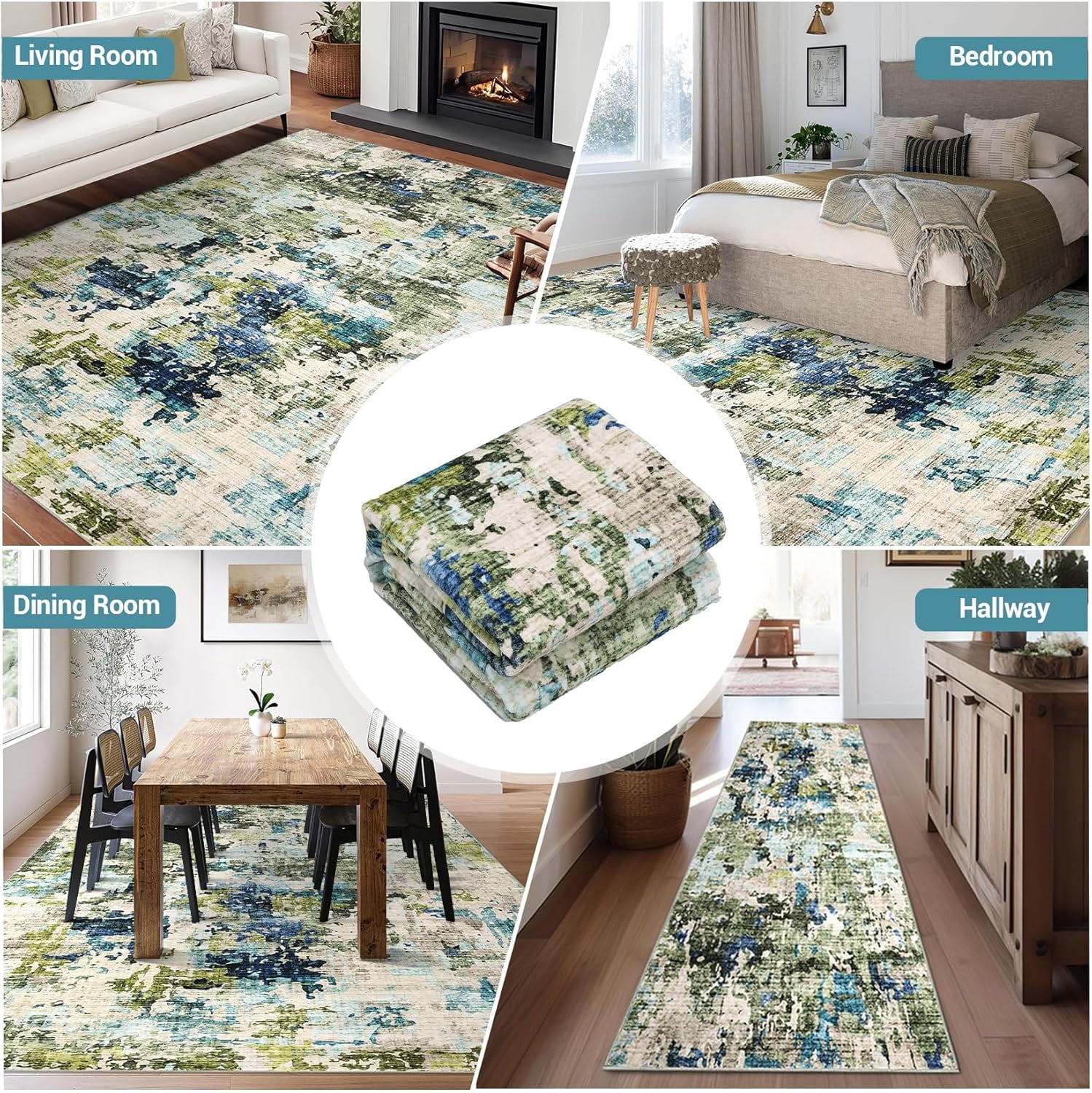 2x6 Washable Runner Rug, Soft Modern Abstract for Kitchen, Hallway, Laundry Room, Ultra-Thin Non-Slip Entryway Bedroom Rug (Green/Blue Multi, 2'x6').