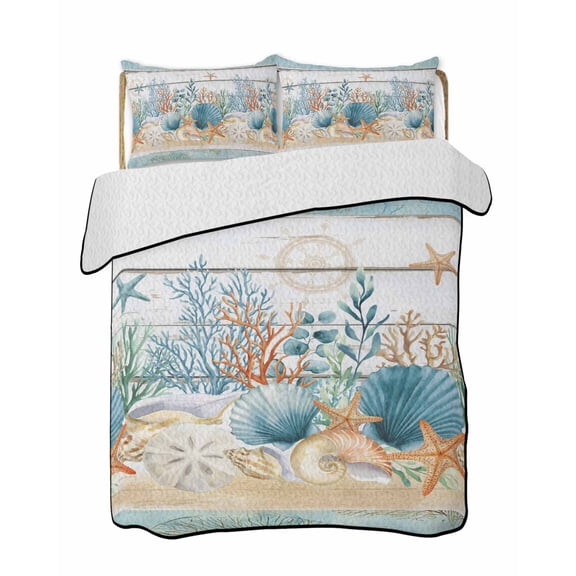 Quilt King Size Bedding Set, Starfish Coastal Reversible Summer Quilt 3 Pieces, Summer Ocean Blue Coral Conch Seagrass Lightweight Bedspreads Coverlets with 2 Pillow Shams for All Seasons