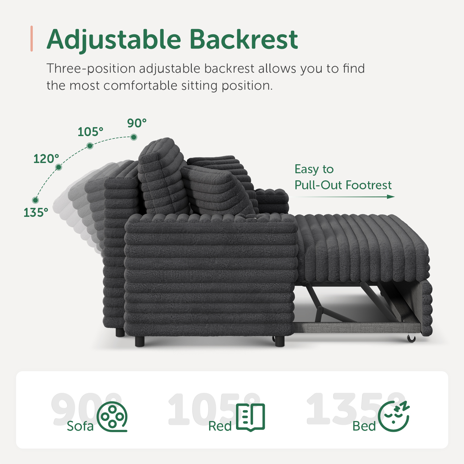 Marrber Gray Plush Sofa 52” 3-in-1 Convertible Pull-Out Sofa Bed Sleeper Loveseat with Reclining Backrest, Built-in Cup Holders, Corduroy Upholstered Sofa for Small Space