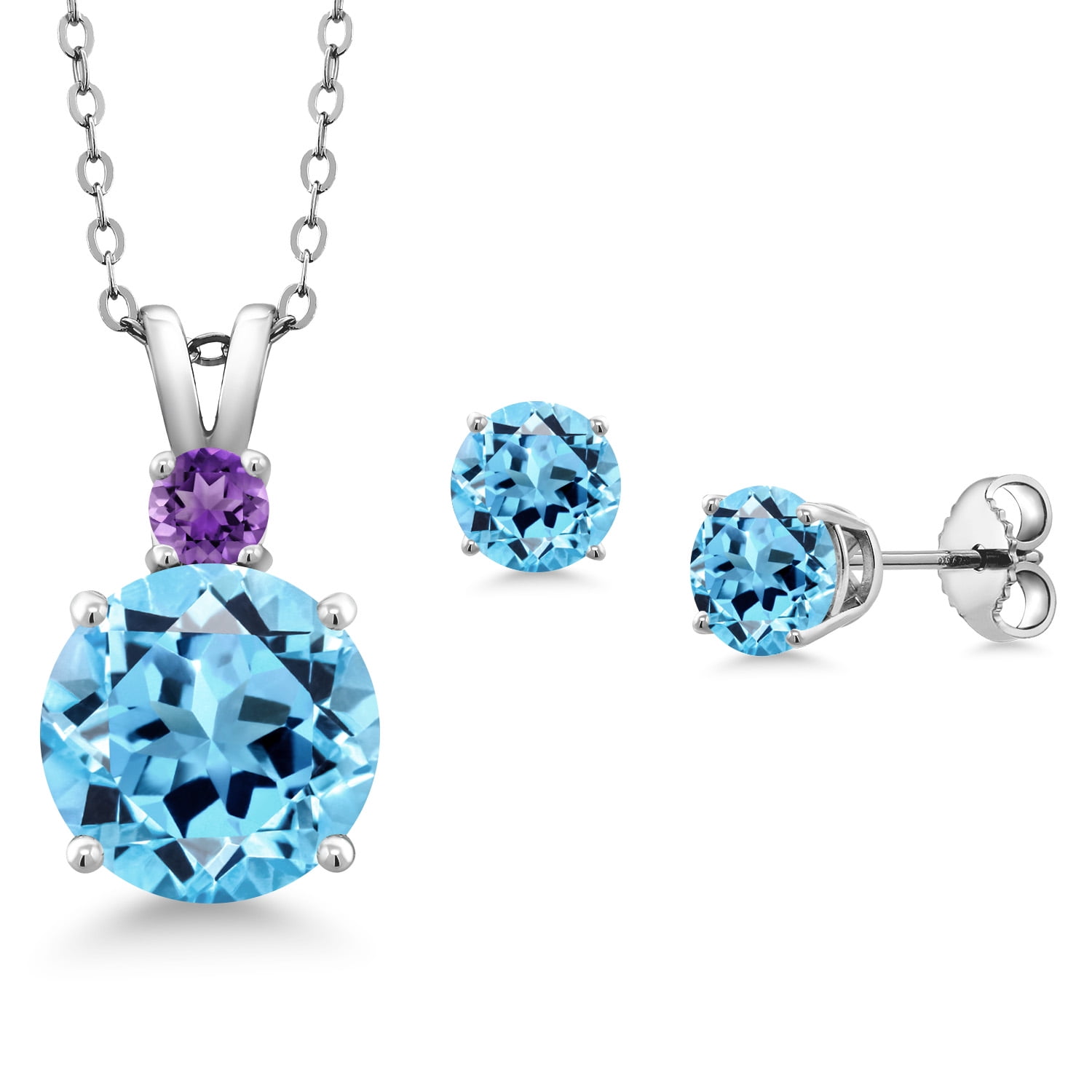 Gem Stone King 925 Sterling Silver Round Swiss Blue Topaz and Purple Amethyst Pendant and Earrings Jewelry Set for Women (6.02 Cttw Gemstone Birthstone with 18 inch Chain)