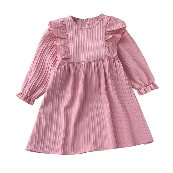 Avrntaa Kids Girls Summer Dress Ruffle Long Sleeve Solid Dresses A-Line Baggy Casual Dresses 2-7Y
