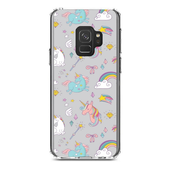 DistinctInk Clear Shockproof Hybrid Case for Samsung Galaxy S9 (5.8" Screen) - TPU Bumper, Acrylic Back, Tempered Glass Screen Protector - Unicorn Rainbow Wand Pattern - Grey