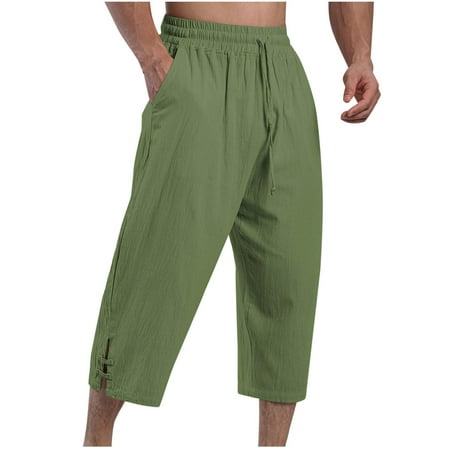 

JXMVOJ Mens Casual Linen Pants Loose Fit Elastic Drawstring Waist Straight-Legs Yoga Beach Cropped Pants