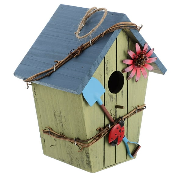 Wood Hanging Bird House Blue Roof Bird Nest Outdoor Patio Bird Shelter Habitat Decorative Garden Balcony Bird Rest Nest