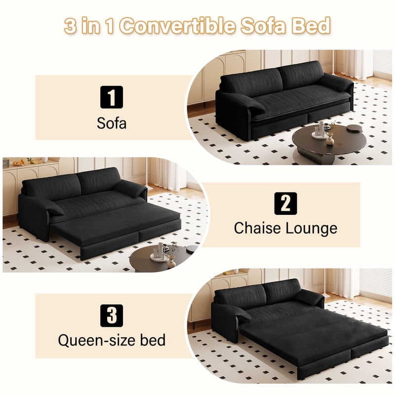 Convertible Queen Size Pull Out Sofa Bed, 3-in-1 Velvet Sleeper Sofa with Side Pocket, Modern 63.8'' Futon Couch for Living Room, Apartment