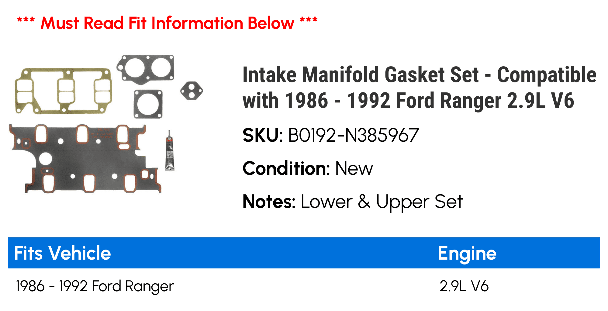 Intake Manifold Gasket Set - Compatible with 1986 - 1992 Ford Ranger 2.9L V6 1987 1988 1989 1990 1991