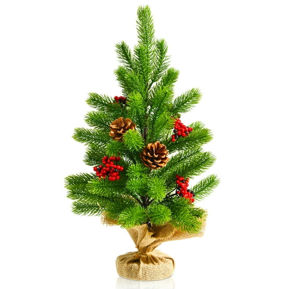 Small Christmas Tree, 2ft Tabletop Christmas Tree with Rich Decorations, Mini Artificial Tree with 60 Branch Tips Pine Cones & Berries, Green Small Pine Tree for Xmas Home Décor