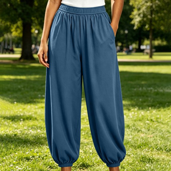 Women's Daily Cotton Linen Jogger Pants Elastic Waist Cuffed Ankle Loose Harem Relaxed Fit Navy XL