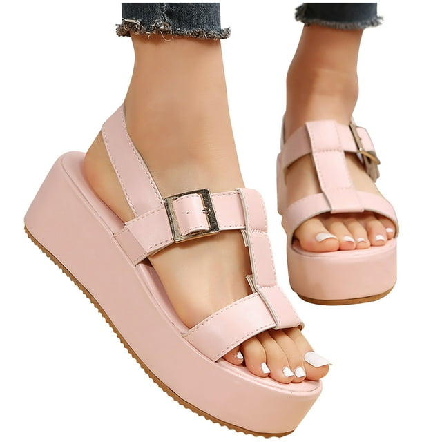 Womens Platform Sandals Slingback Open Toe Flatform Wedge Adjustable Buckle Comfortable Non Slip Summer High Heels Sandals Pink