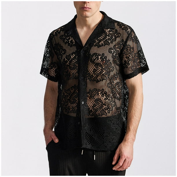 pstuiky camisetas de hombre, Blusa informal de encaje con botones y manga corta para hombre camisas casuales para hombre l