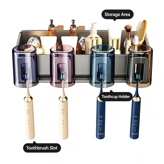 Suction Wall Mount 4-Slot Toothbrush Holder Organizer for Bathroom and Shower, Gunmetal Gray