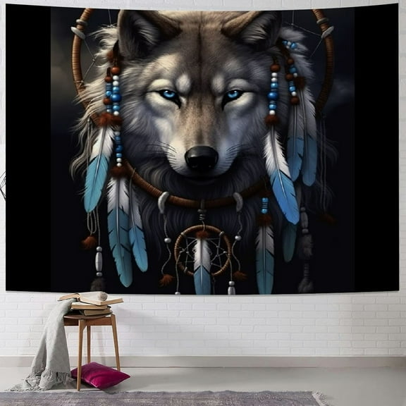 BCIIG Native American Wolf Dream Catcher Wall Tapestry Hanging Poster Cotton Lines Wall Art Painting with Tassels and Wooden Hanging Rod 40x30inch