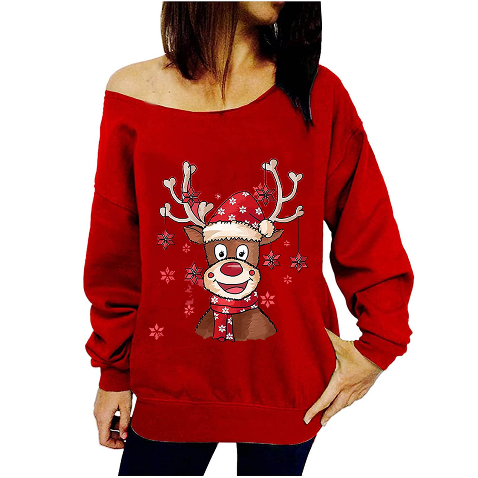 Women's Christmas Print Long Sleeve Off Shoulder Sweatshirtnull Womens
