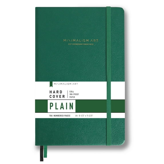 Minimalism Art, Premium Hard Cover Notebook Journal, X-Large Size, Master A4 8.3" x 11.4", 186 Numbered Pages, Gusseted Pocket, Ribbon Bookmark, Extra Thick Ink-Proof Paper 120gsm (Plain, Green)