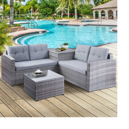 4 Piece Patio Furniture Set, All-Weather Outdoor Sectional Sofa Set, PE Rattan Conversation Set with Storage Box, Table & Cushions, Wicker Furniture Couch Set for Patio Deck Garden Poolside Yard, B862