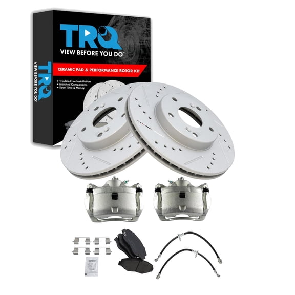 TRQ Front Brake Pad and Rotor Set Ceramic Slotted Drilled Calipers Hoses Fits 2003-2007 Honda Accord