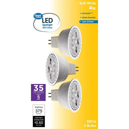 Great Value LED Light Bulb, 5 Watts (35W Equivalent) MR16 Lamp GU5.3 Base, Dimmable, Soft White, 3-Pack