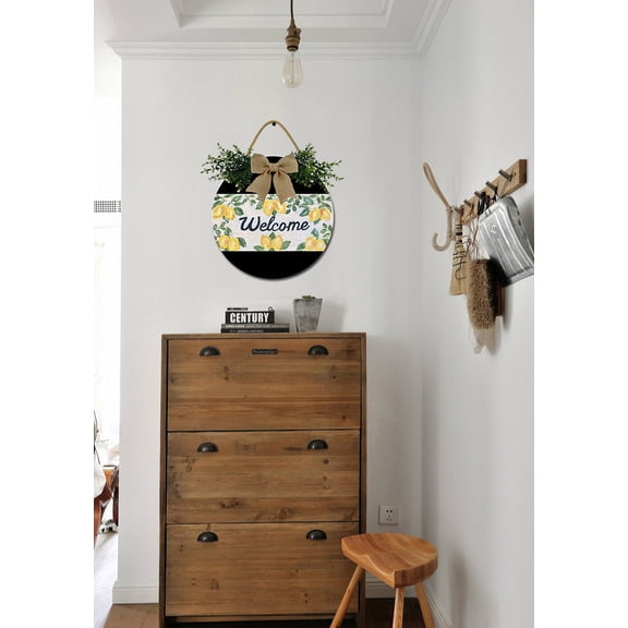 Lemon Welcome Front Door Sign Funny Wreaths Hanging Wooden Plaque Decoration Round Rustic Wood Farmhouse Porch Decor for Home Front Door Decor, 12 x 12 Inch