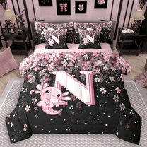 Manfei Girls Pink Monogrammed Bedding Comforter Set 7pcs, Personalized Letter N King Bedding Sets, Kawaii Axolotl Cherry Blossoms Bed Sheets, Microfiber Bedroom Decor