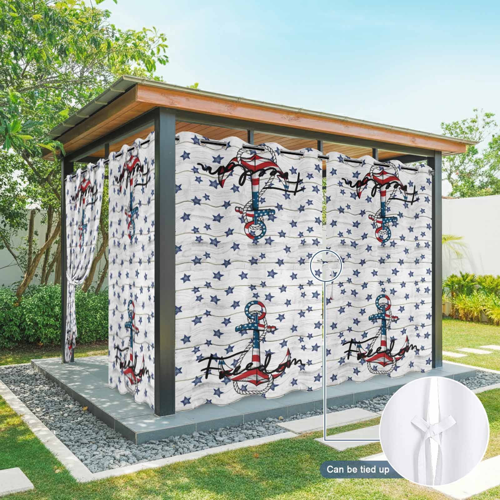 Independence Day Outdoor Curtains for Patio, Freedom Anchors Blue Star Flags White Wood Grain Sunshade Privacy Drapes Grommet Waterproof Outside Curtains for Porch/Cabana/Balcony 54"x 108", 1 Panel