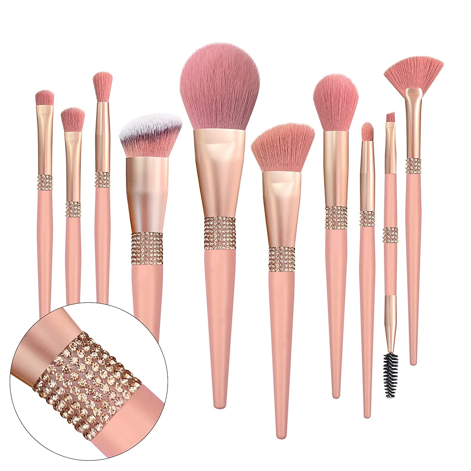 Glitter Makeup Brushes Sets -10 Pcs Cosmetic Brushes Set Bling Crystal Pink  Makeup Brushes Set
