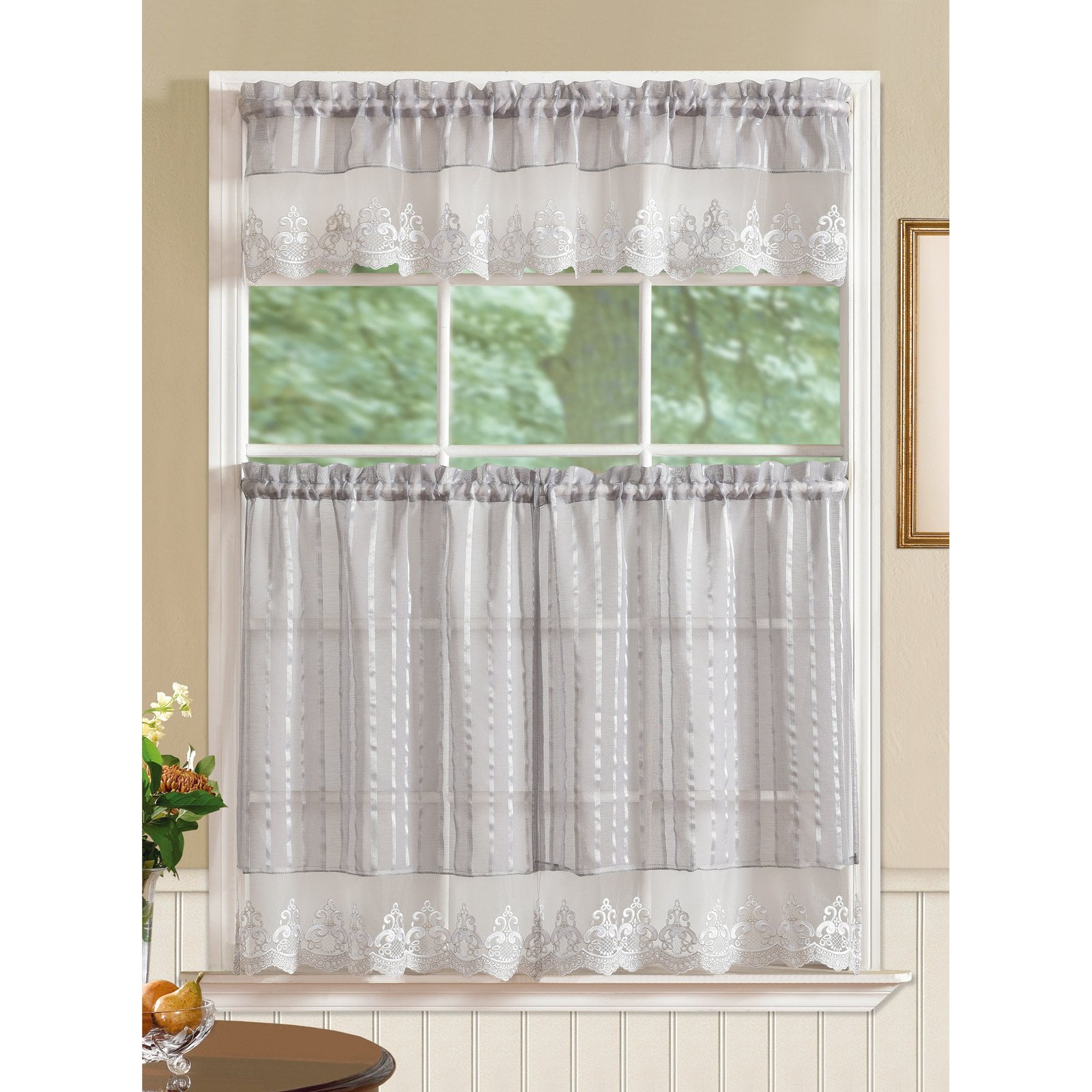 Bella Tier and Valance Kitchen Curtain Set, Grey - Walmart.com