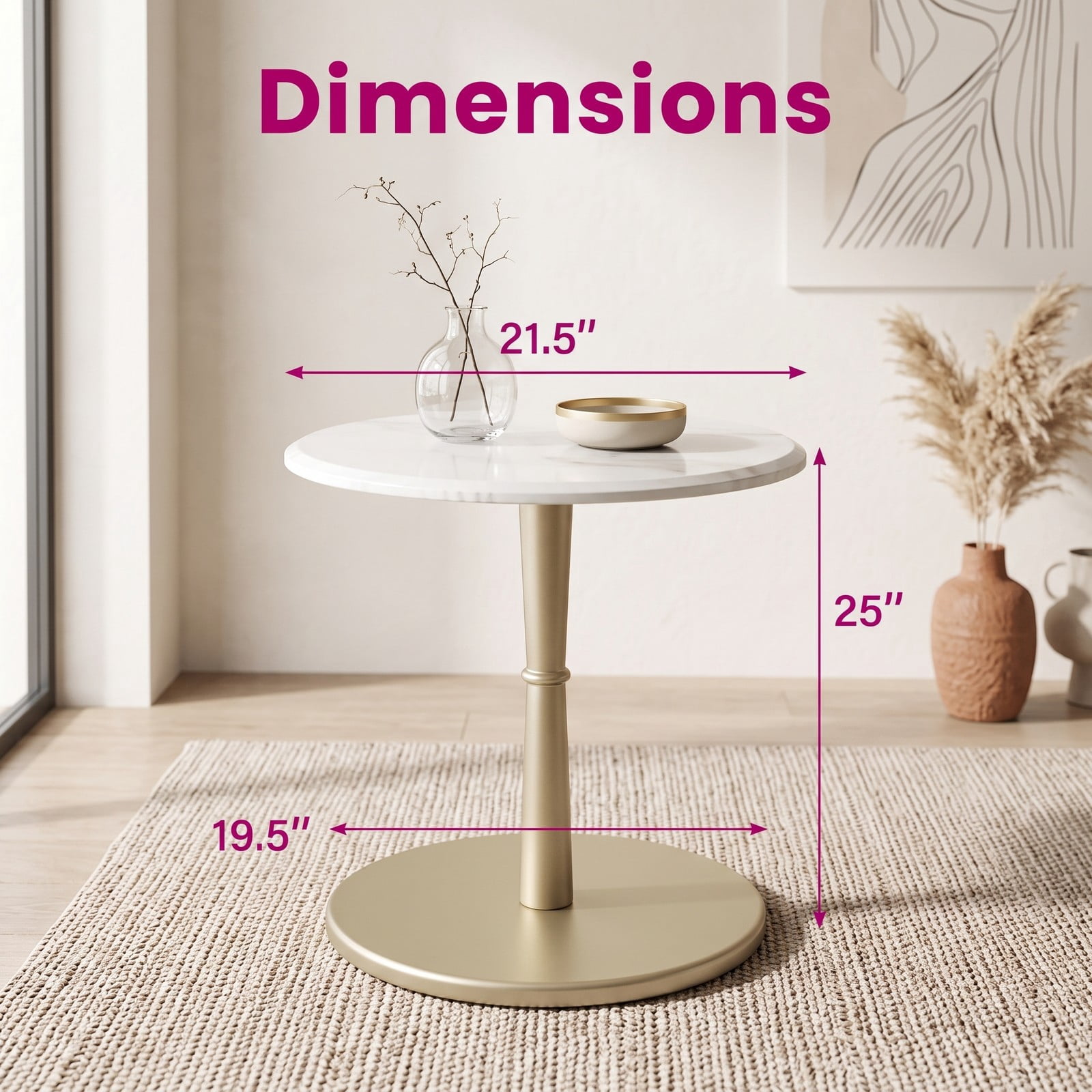Furnibear Round Marble Side Table, Genuine Stone End Table with Solid Wood Base, Waterproof Heat-Resistant Accent Nightstand for Living Room Bedroom, White and Gold