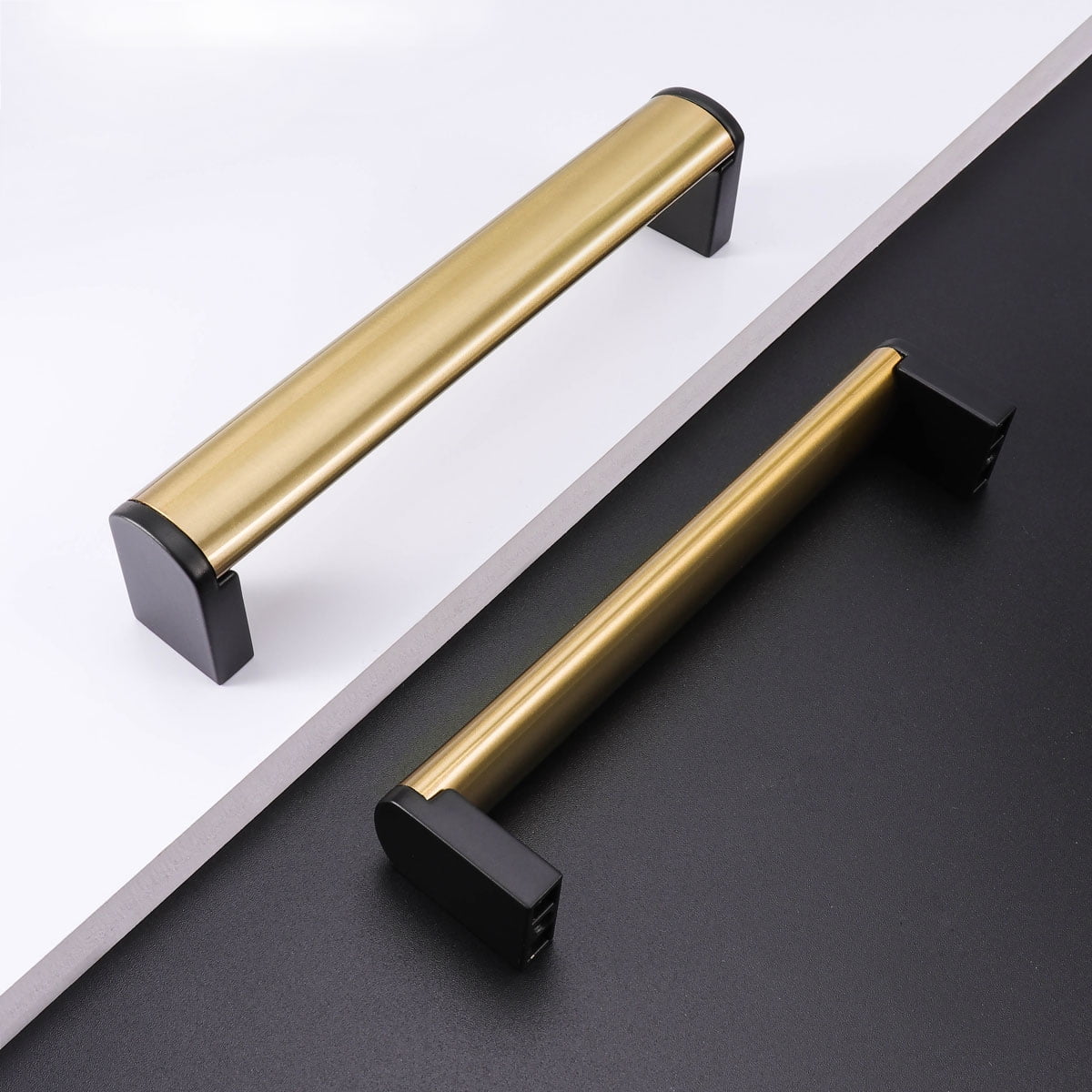 Fulgente 10 Pack Brushed Brass 5''  Cabinet Handles for Kitchen 5inch (128mm) Hole Center Dresser Drawer Pulls Gold and Black Hardware for Bathroom Cabinets Flat Brass