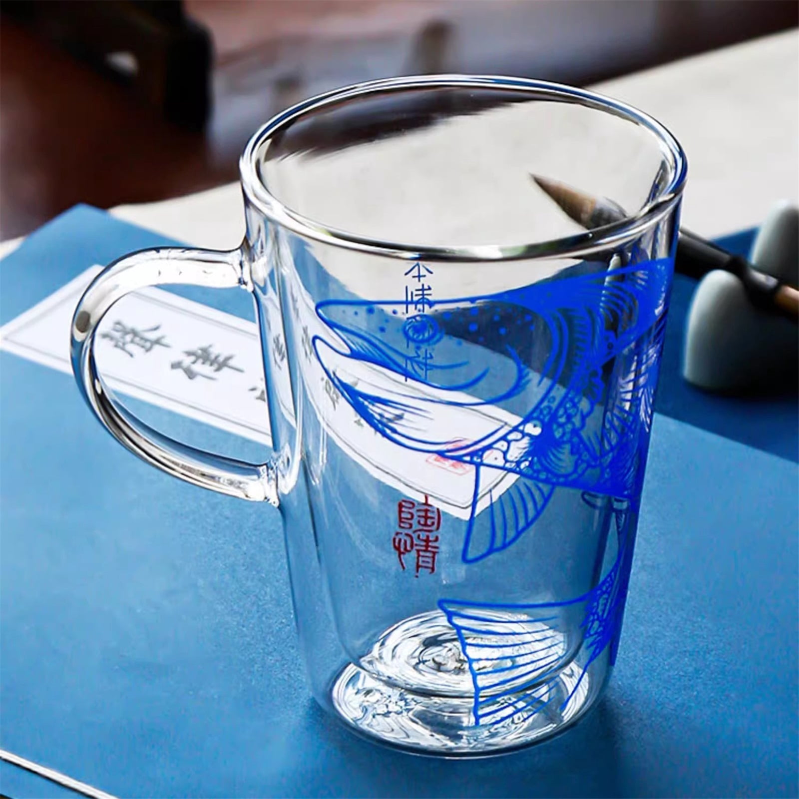 Double Wall Glass Coffee Mugs Ancient Chinese Totem Printing, Clear Espresso Cups with Handle, 280ML