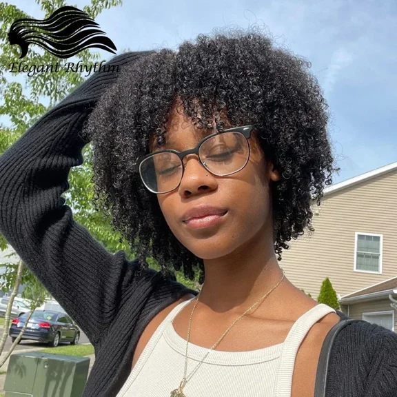 Afro Kinky Curly Bob Wig with Bangs Curly Pixie Cut Glueless Wigs Machine Made Brazilian Human Hair Wigs for Women 10 Inch, Black from Typpkmm