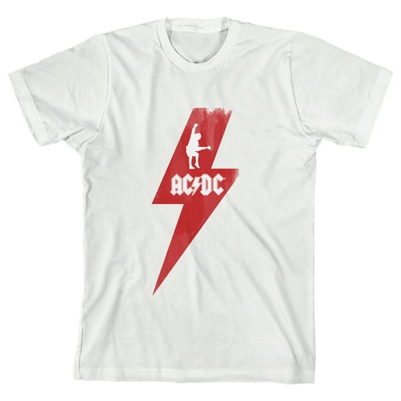 ACDC Angus Young Silhouette in Red Lightning Bolt Youth White Short Sleeve Crew Neck Tee-Large