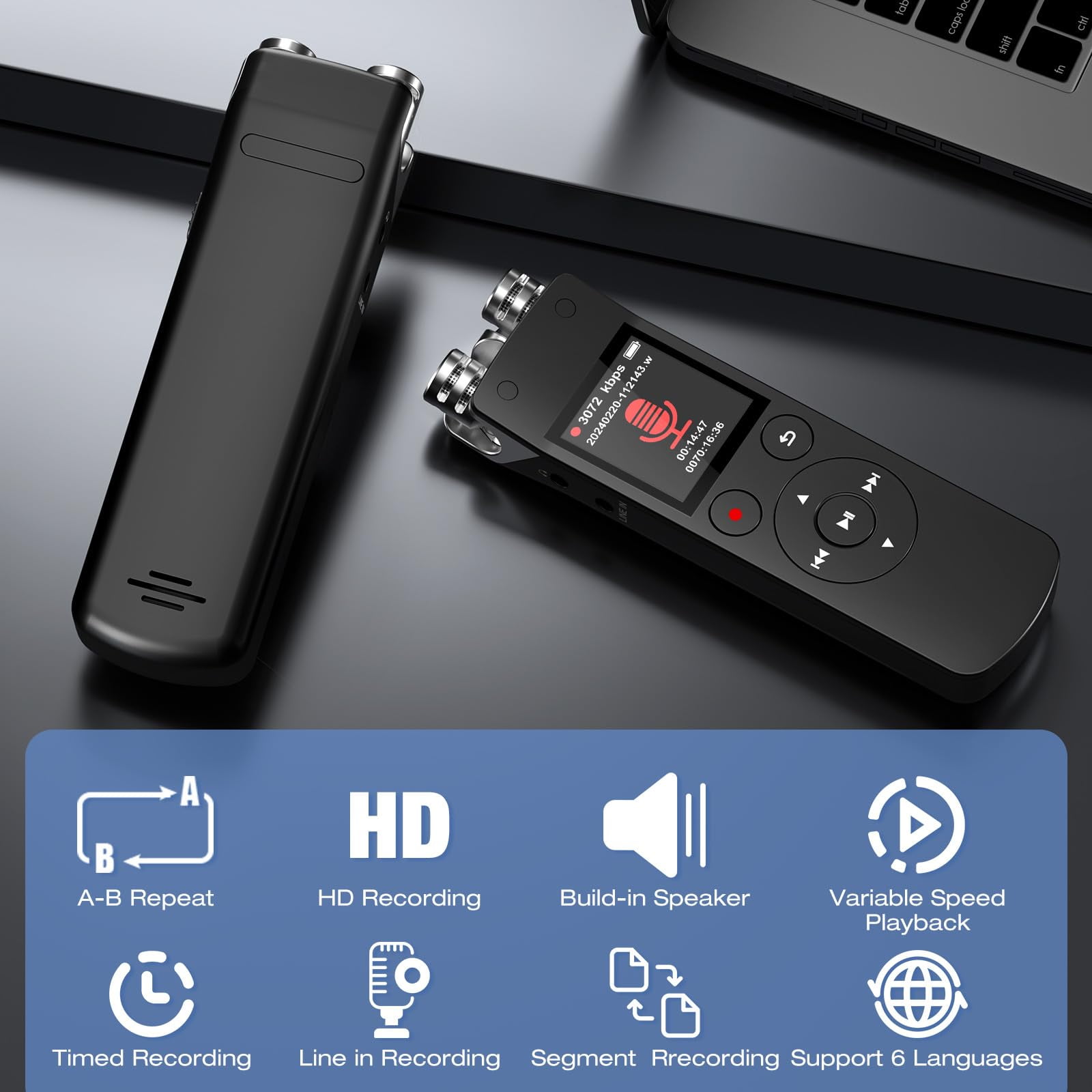LC-dolida 32GB Digital Voice Recorder, Voice Activated Recorder with Playback, 3072kbps Audio Recorder Dictaphone for Meetings Interviews, HD Recording, Variable Speed, A-B Repeat, Large Screen