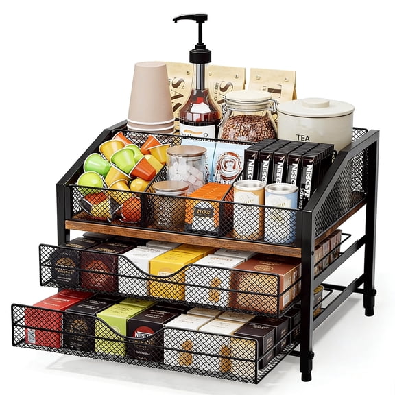 Godance Coffee Bar Organizer for Countertop, Metal & Wood Coffee Station with Sliding Drawers & K-Cup Holder | Multi-Level Storage Rack for Coffee Pods, Syrup Bottles, Cups, Stirrers & Tea Bags