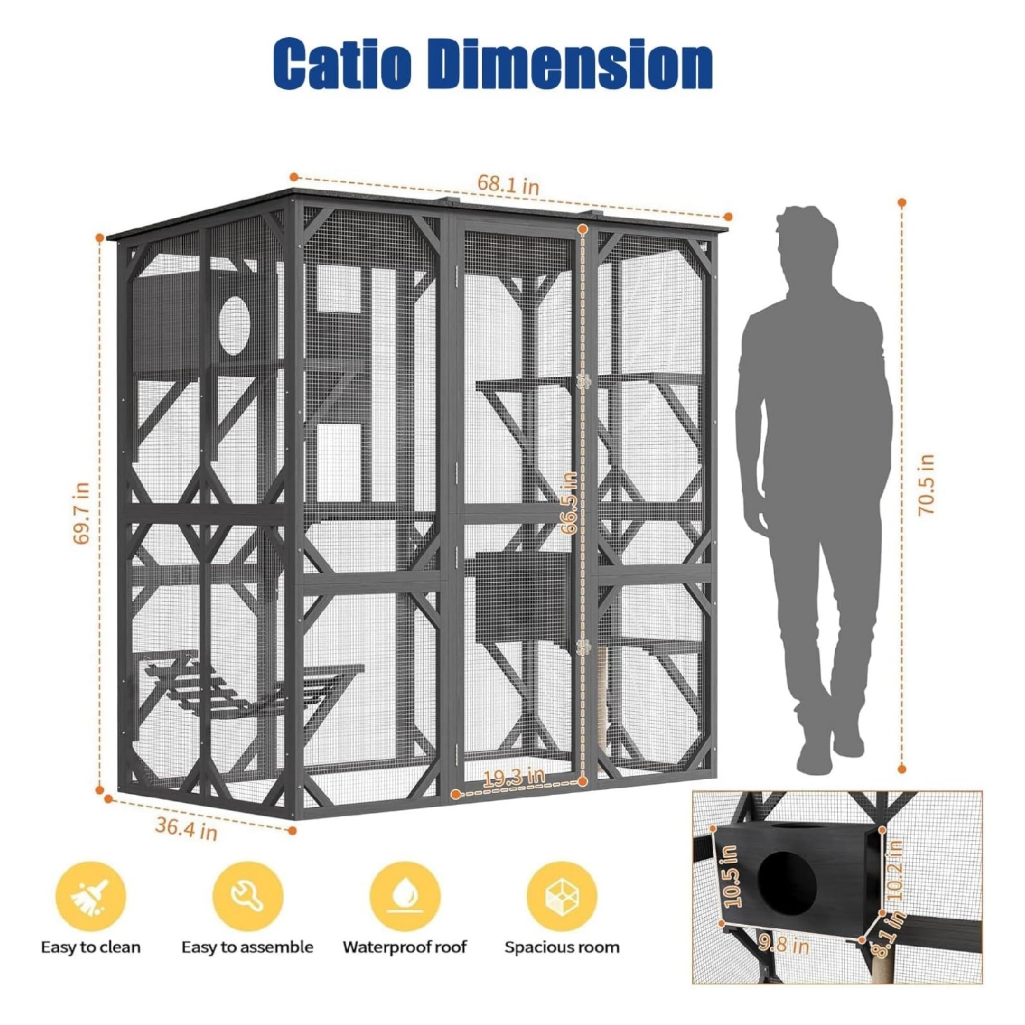 70'' Outdoor Cat Enclosure, Large Walk-in Catio Outdoor Cat Enclosure with Window, 4 Jumping Platforms & 2 Resting Box, Wooden Cat House Indoor with Scratching Post & Hammock, UV Resistant