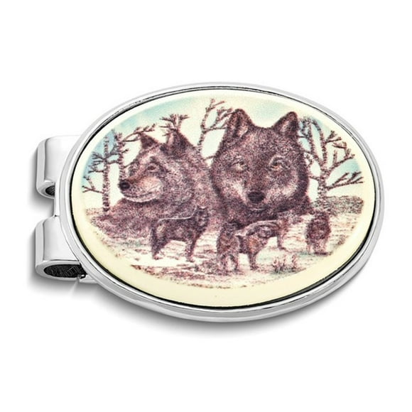 Mens Wolf Portrait Oval Money Clip
