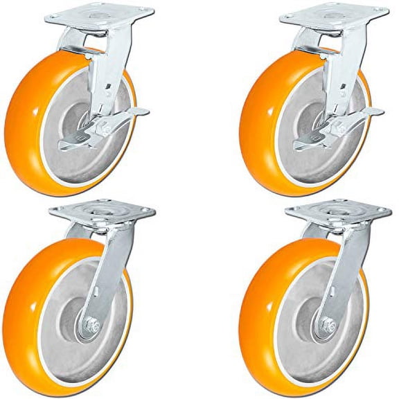 4 Pack - 8" x 2" Non-Marking Orange Tread Polyurethane Casters - 4 Swivel with 2 with Locking Brakes - Heavy Duty Casters