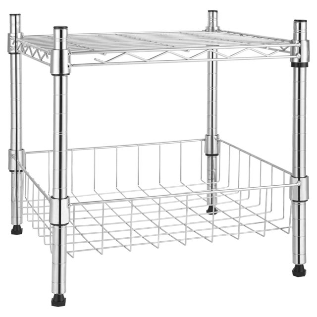 Estantería de alambre de metal apilable de 2 niveles, 38 cm de ancho x 35 cm de profundidad x 38 cm de alto, con cesta, cromada