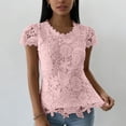 thumbnail image 5 of Lenago Wonens Tops Tops Women Tops Wimens Tops Ladies' Casual And Fashionable Round Neck Lace Petal Short Sleeved Top Pink XXL, 5 of 6