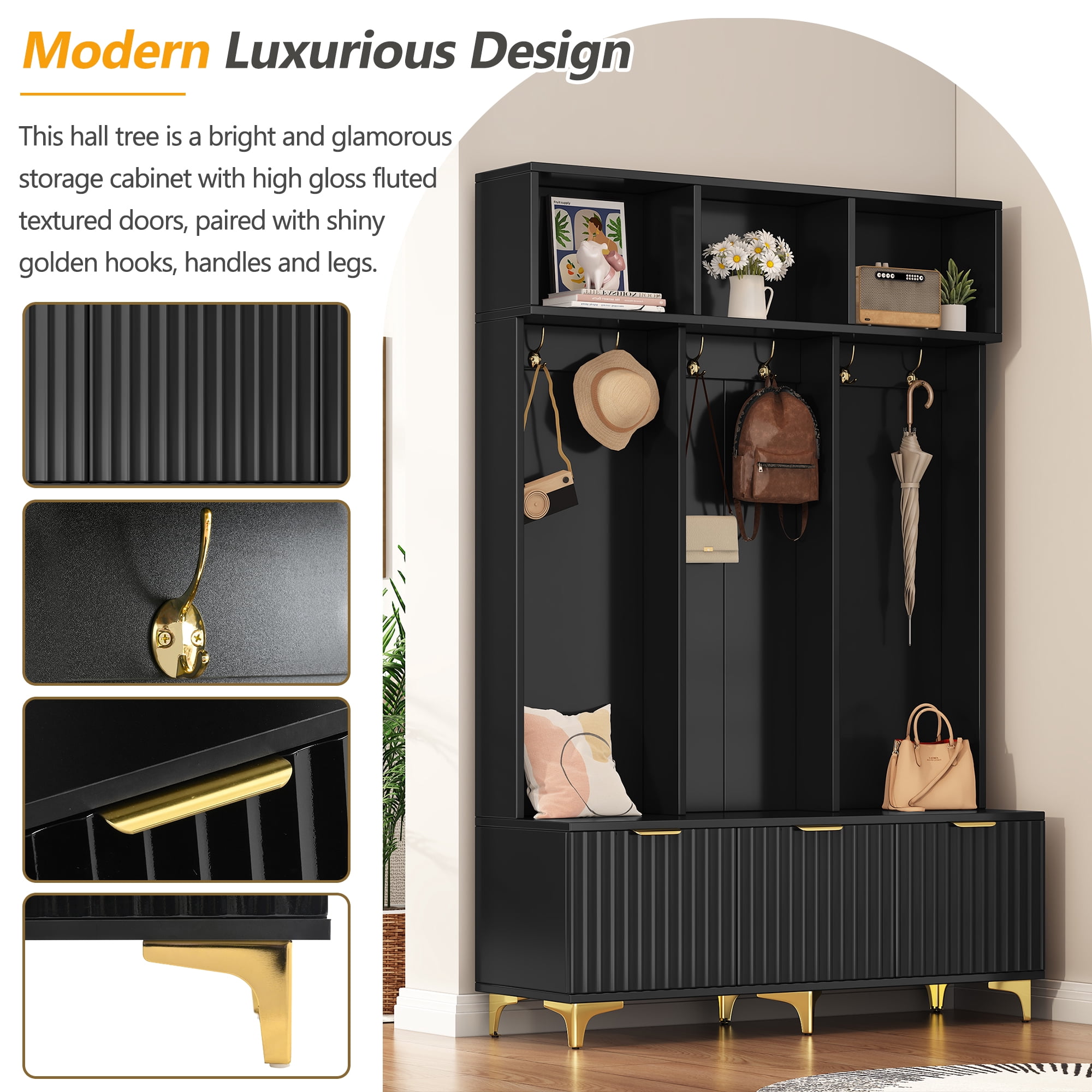 MAYEERTY Large Storage Hall Tree: Bench, Fluted Doors, 6 Gold Hooks, for Entryway, Living Room, White
