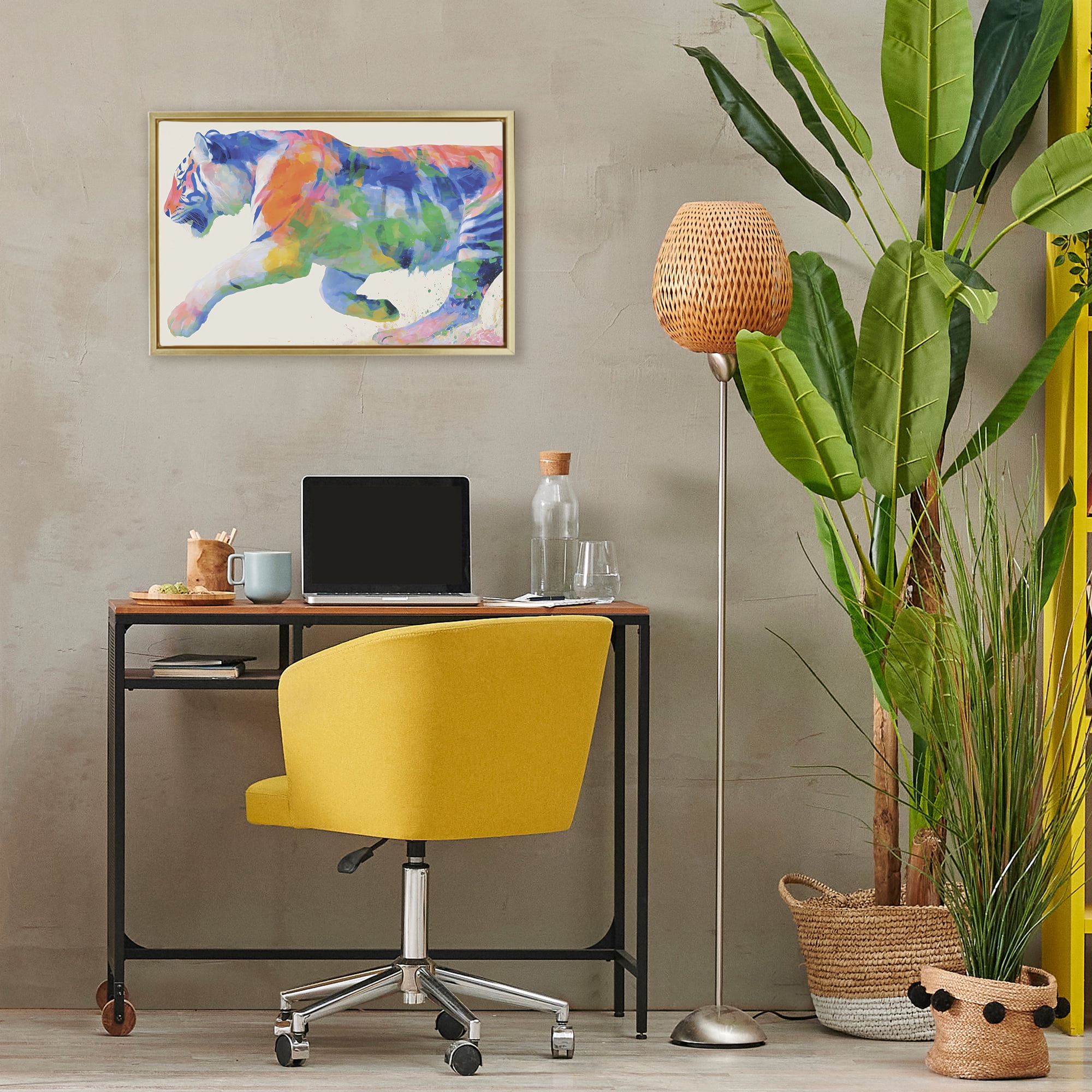 Stupell Industries Colorful Tiger In Motion Gold Framed Floater Canvas Wall Art, design by Chromatic Storm Studio