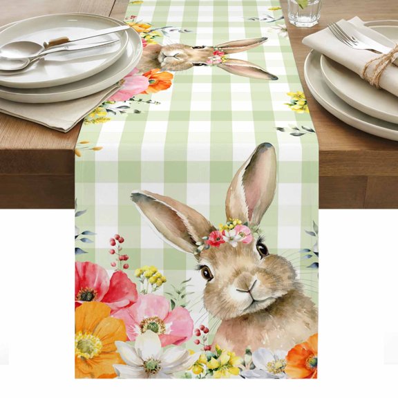 Easter Bunny Table Runner - 70 Inch Long, Kitchen Dining Table Runner Dresser Scarves, Spring Watercolor Flower Green Plaid Farmhouse Decor for Coffee Tables Wedding Party Banquet