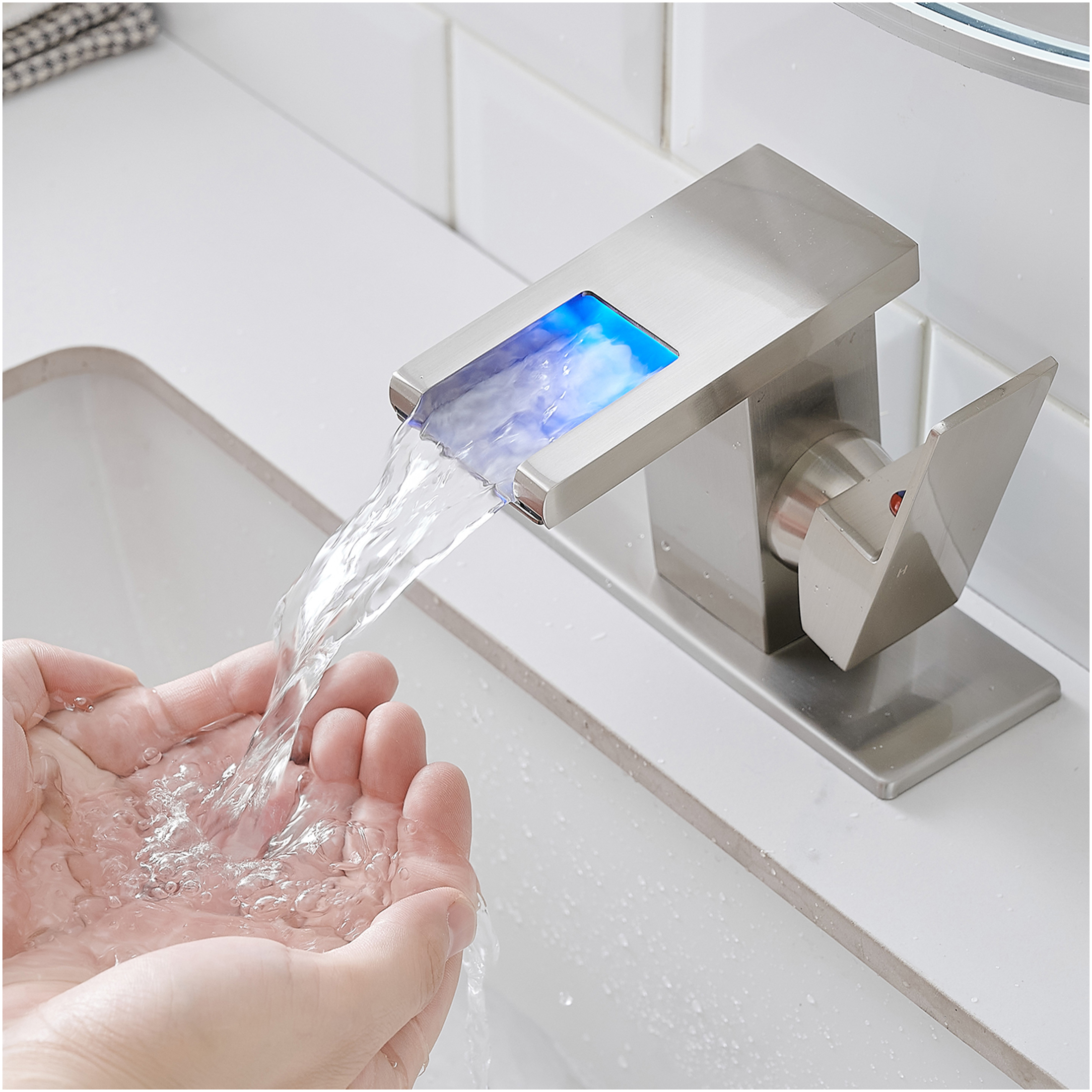 JERFIT LED Waterfall Bathroom Sink Faucet, Single Handle Single Hole Deck Mount Brushed Nickel, Temperature Changing Light