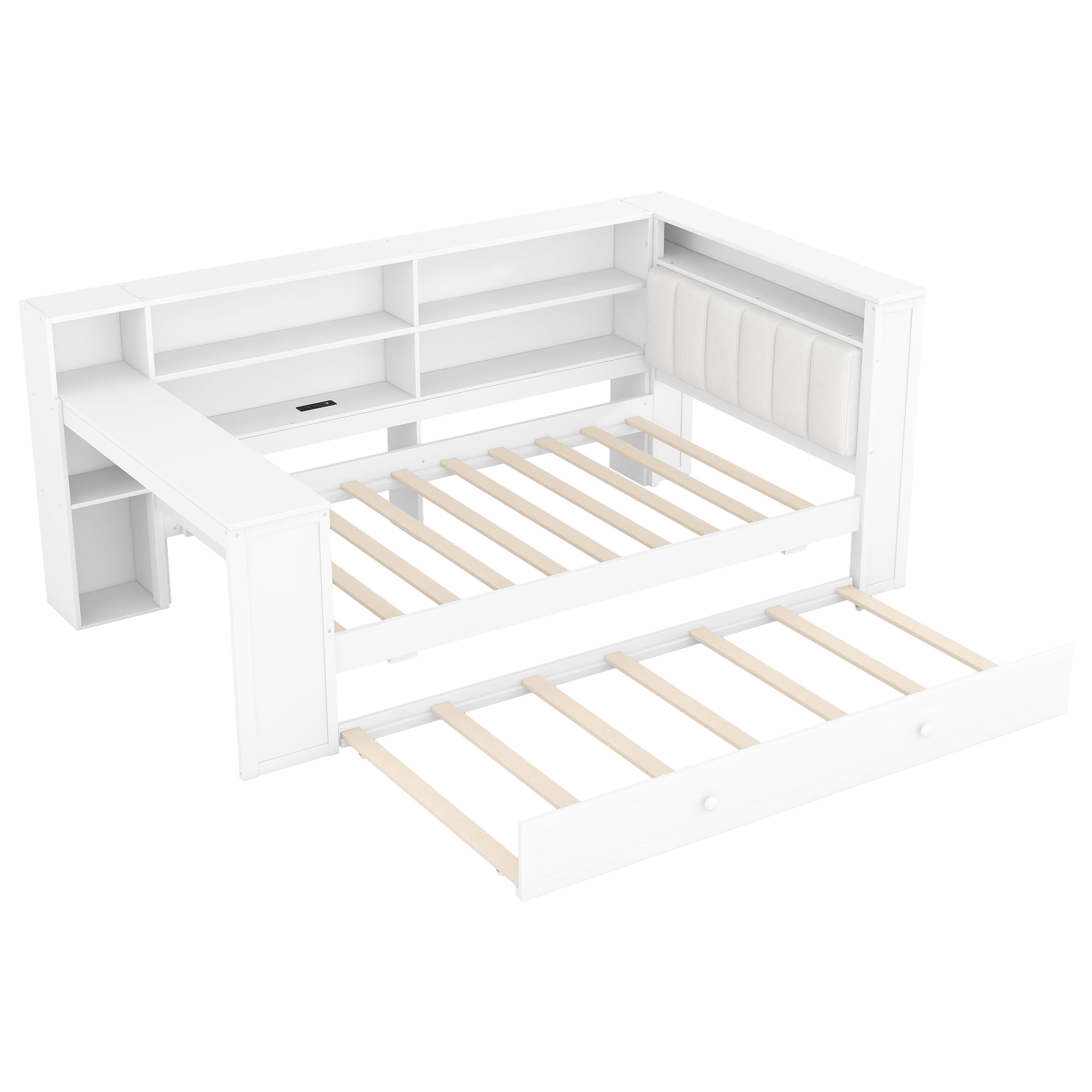 Euroco Wood Twin Size Platform Bed with Desk and Trundle, Storage Bed with Shelves, LED Light and USB Charging, White