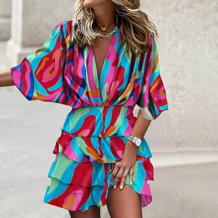 

Wyongtao Cozy Women Sexy Half Sleeve Graphiced V-Neck Hem Ruffle Irregular Dresses