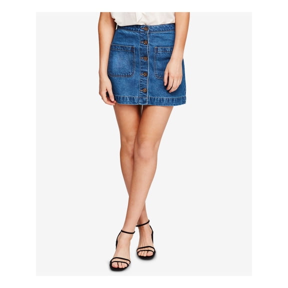FREE PEOPLE Womens Blue Pocketed Botton Front Mini Skirt Size: 27 Waist