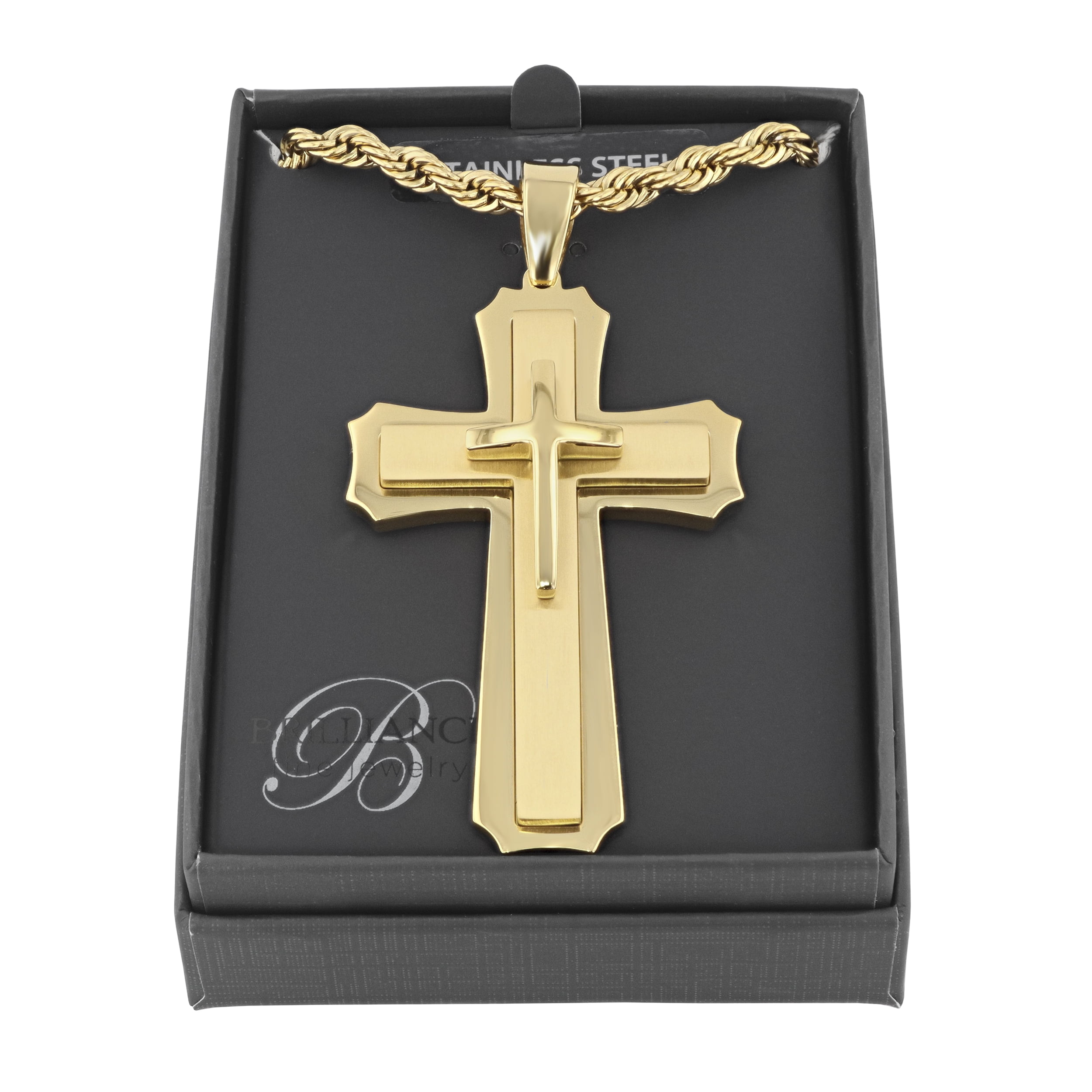Mens Gold-Tone Stainless Steel Stacked Cross Pendant Necklace