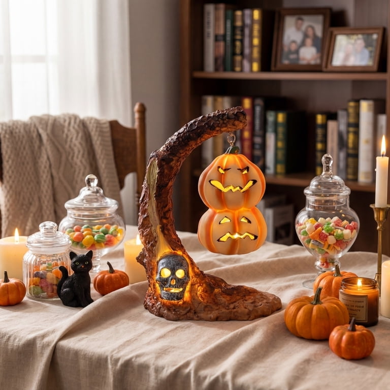 XHKUYI Halloween Pumpkin Tabletop Lantern 4.7 inch, Hanging Double