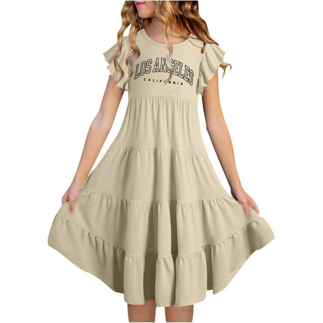 Girls Summer Dresses Double Layer Flutter Sleeve Flowy A Line Dress Casual Gradient Midi Dresses